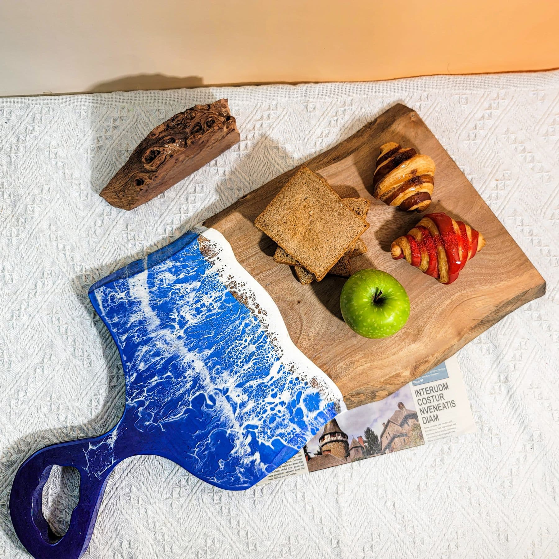 Wooden Serving Board with Blue Resin Handle – For Bread & Fruit Display - View 1