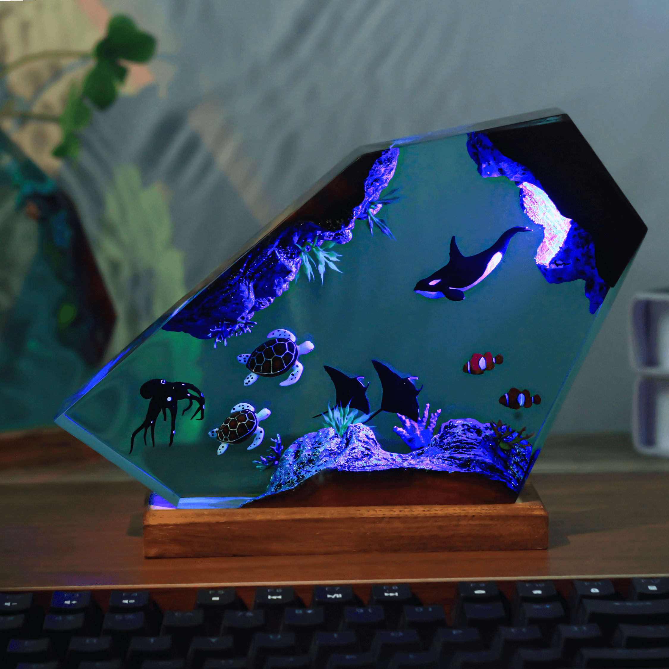 Handmade Orca Killer Whale Resin Wood Night Light – Ocean Cave Epoxy Desk Lamp - View 1