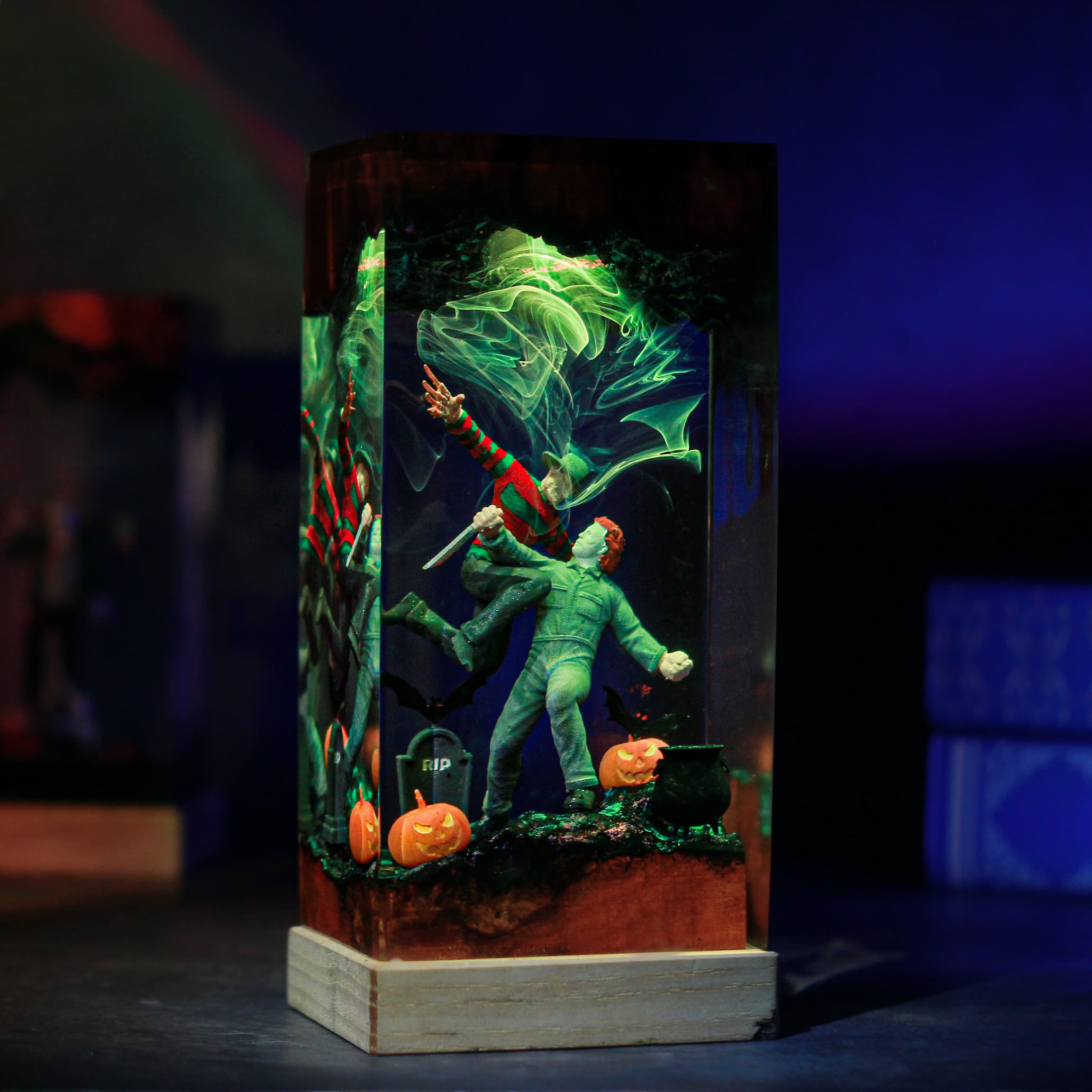 Handmade Freddy Krueger vs Michael Myers Resin Wood Night Light – Custom Horror Epoxy Desk Lamp - View 1