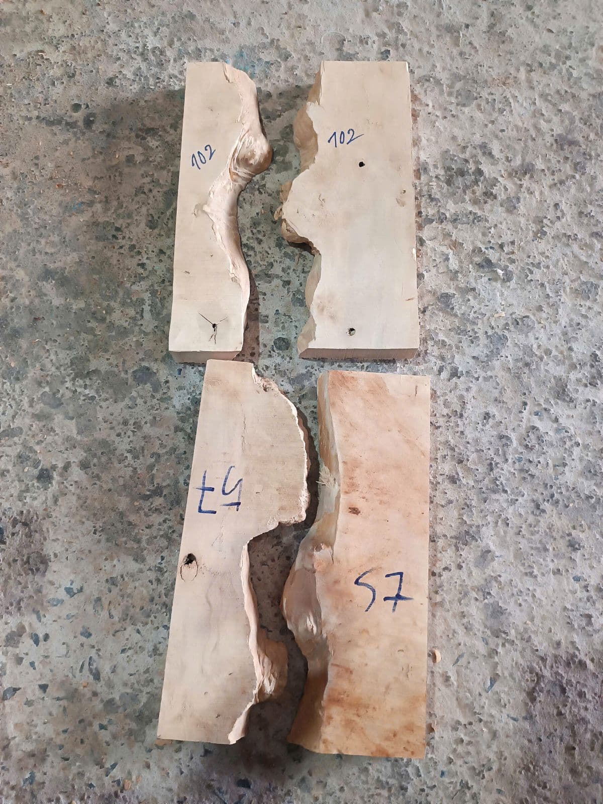Numbered pairs of raw coffee burl matched for a river board