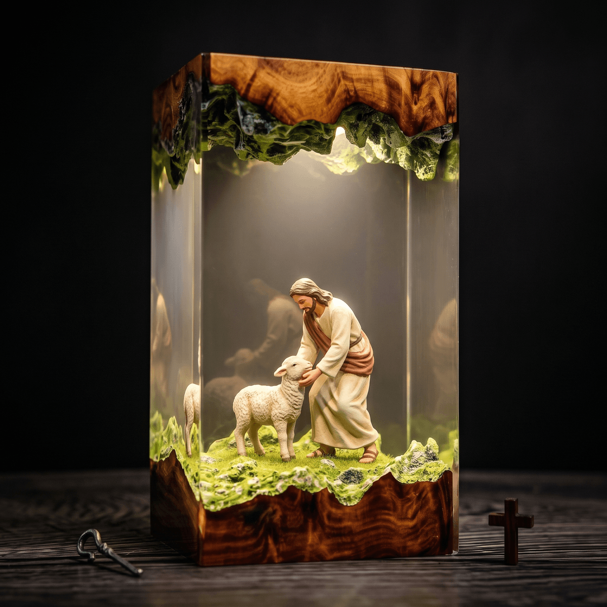 Đèn Resin 3D Chúa Jesus & Chiên Con – Nghệ Thuật Kitô Giáo