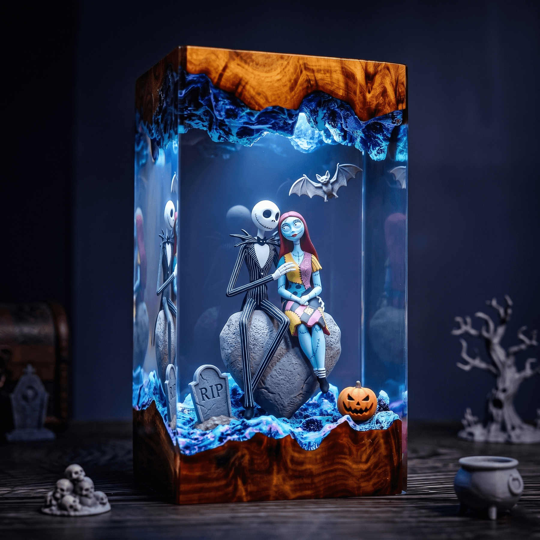 Đèn Resin 3D Jack Skellington & Sally – Nghệ Thuật Gothic Halloween - Hình 1