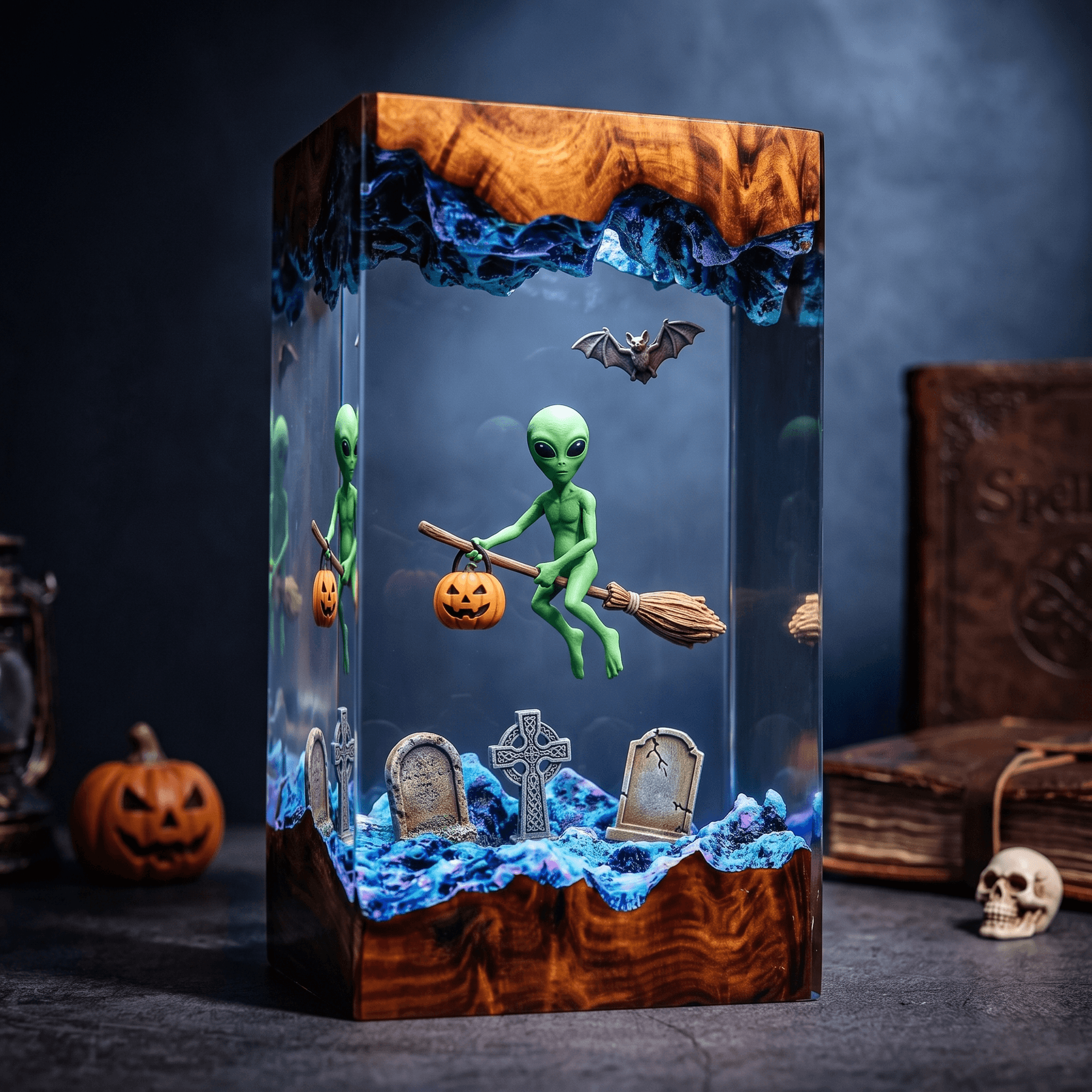 Đèn Resin 3D Alien Halloween – Người Ngoài Hành Tinh Cưỡi Chổi - Hình 1