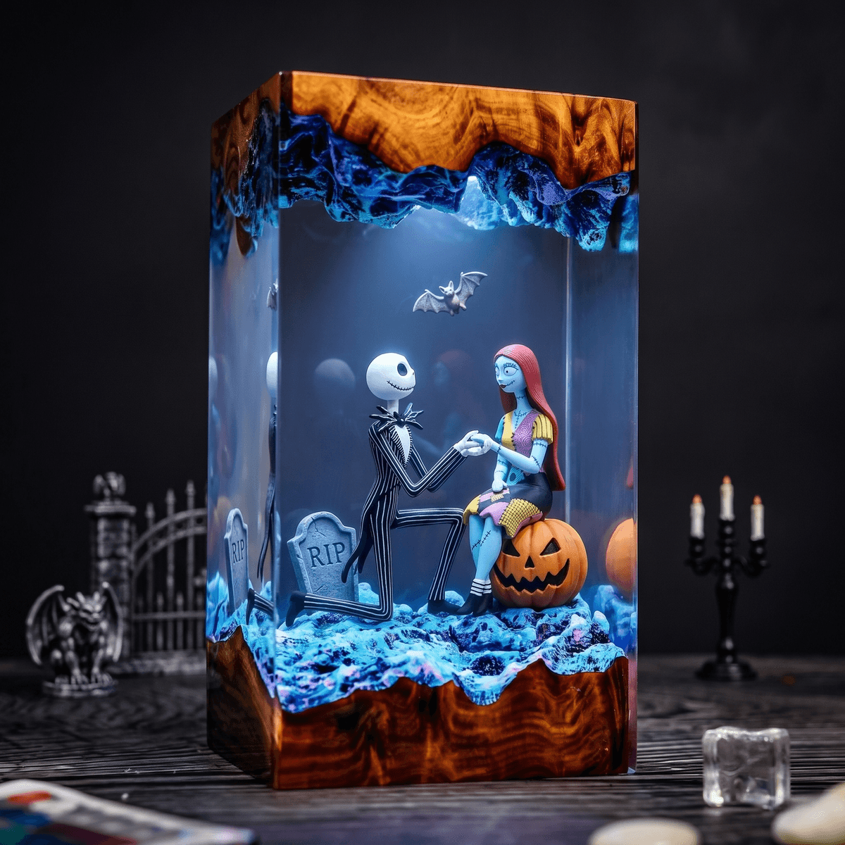 Jack Skellington & Sally 3D Resin Lamp – Romantic Halloween Epoxy Art