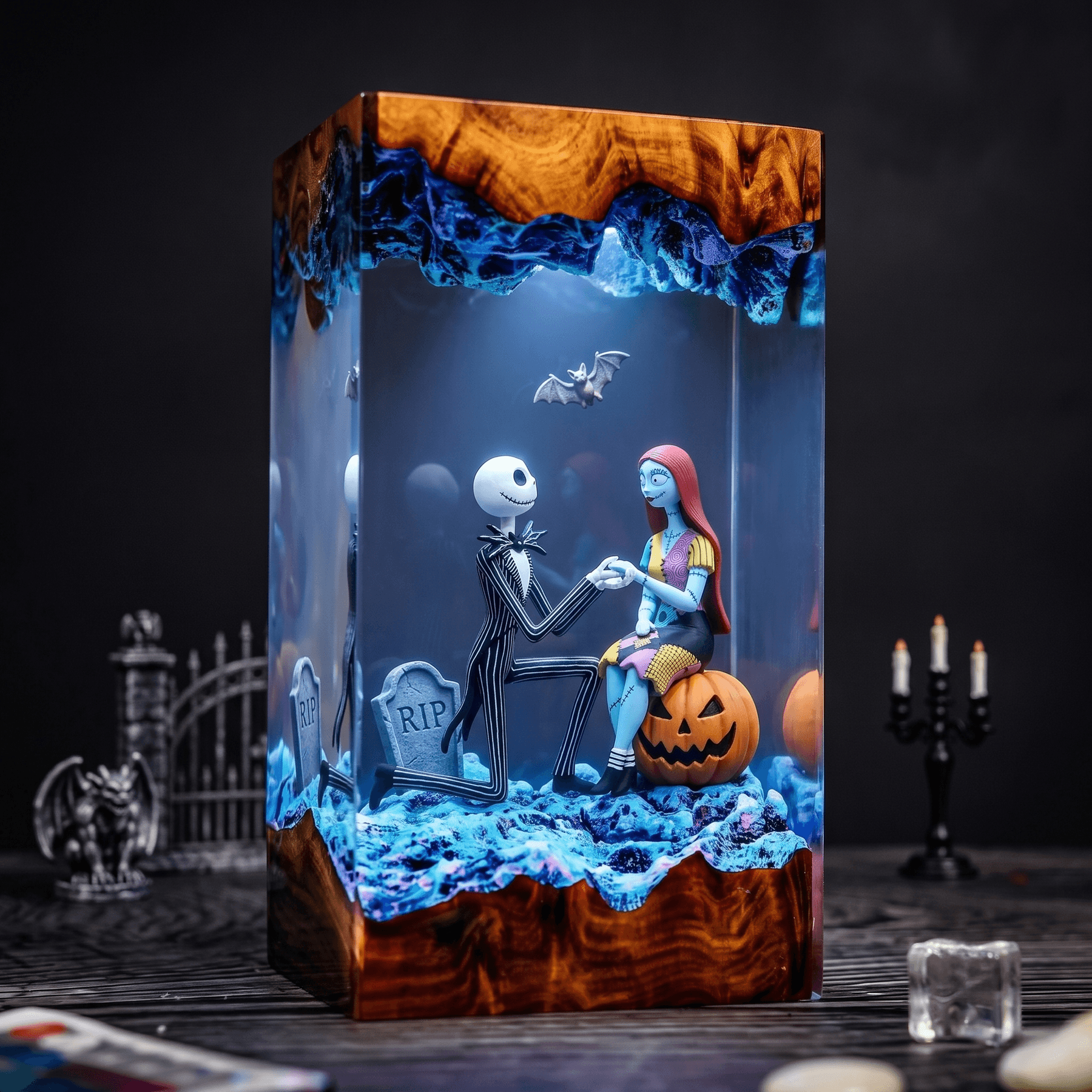 Jack Skellington & Sally 3D Resin Lamp – Romantic Halloween Epoxy Art - View 1