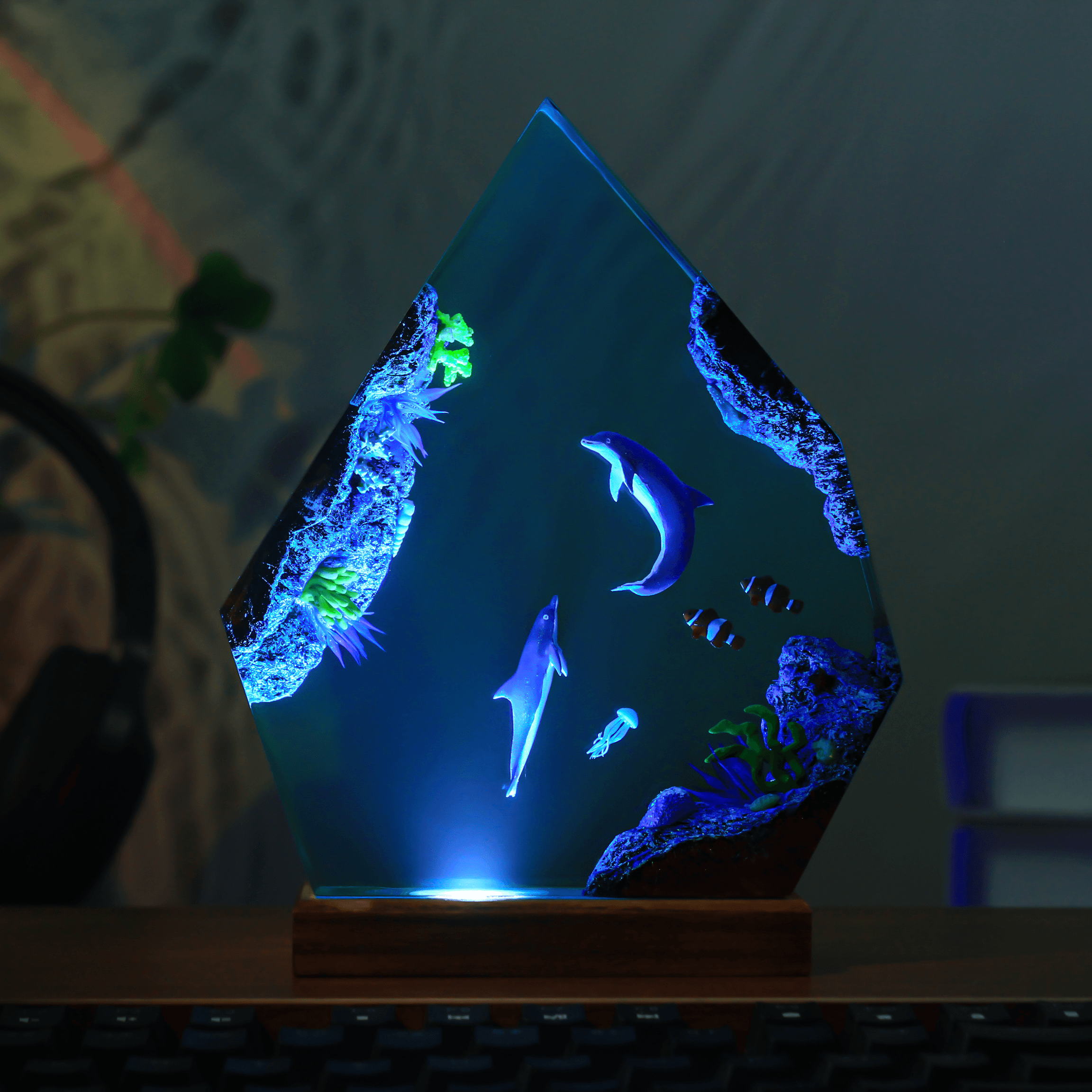 Handmade Dolphins & Ocean Cave Resin Wood Night Light – Custom Diamond-Cut Epoxy Desk Lamp - View 1