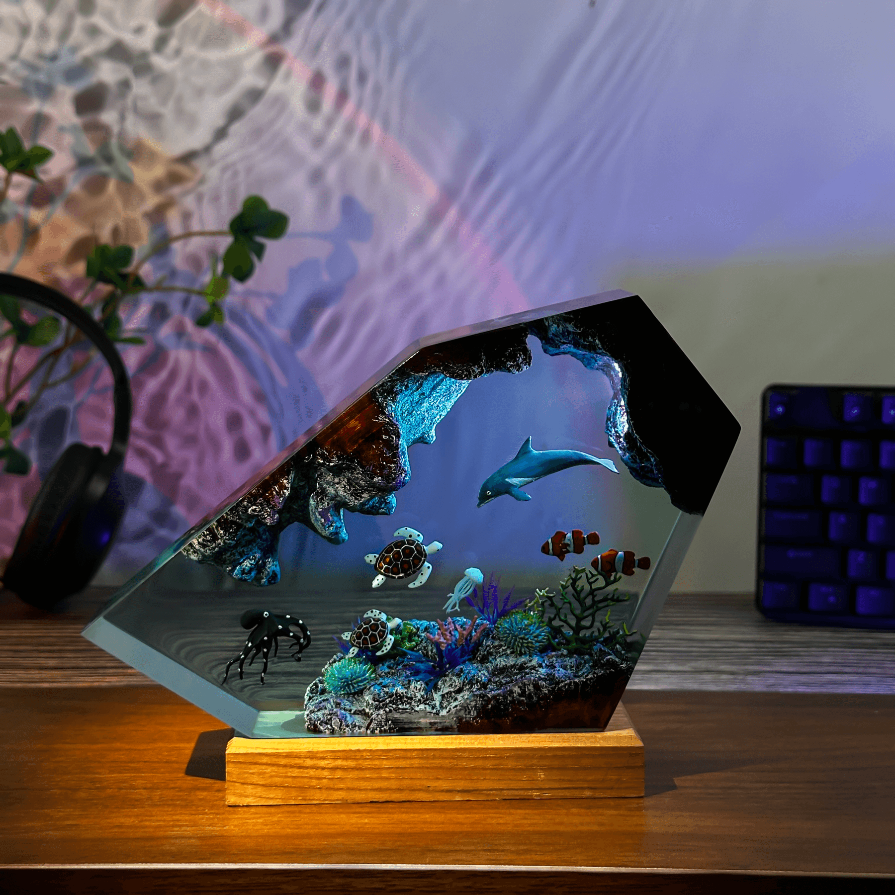 Handmade Ocean Cave Resin Wood Night Light – Custom Marine Life Epoxy Lamp - View 1