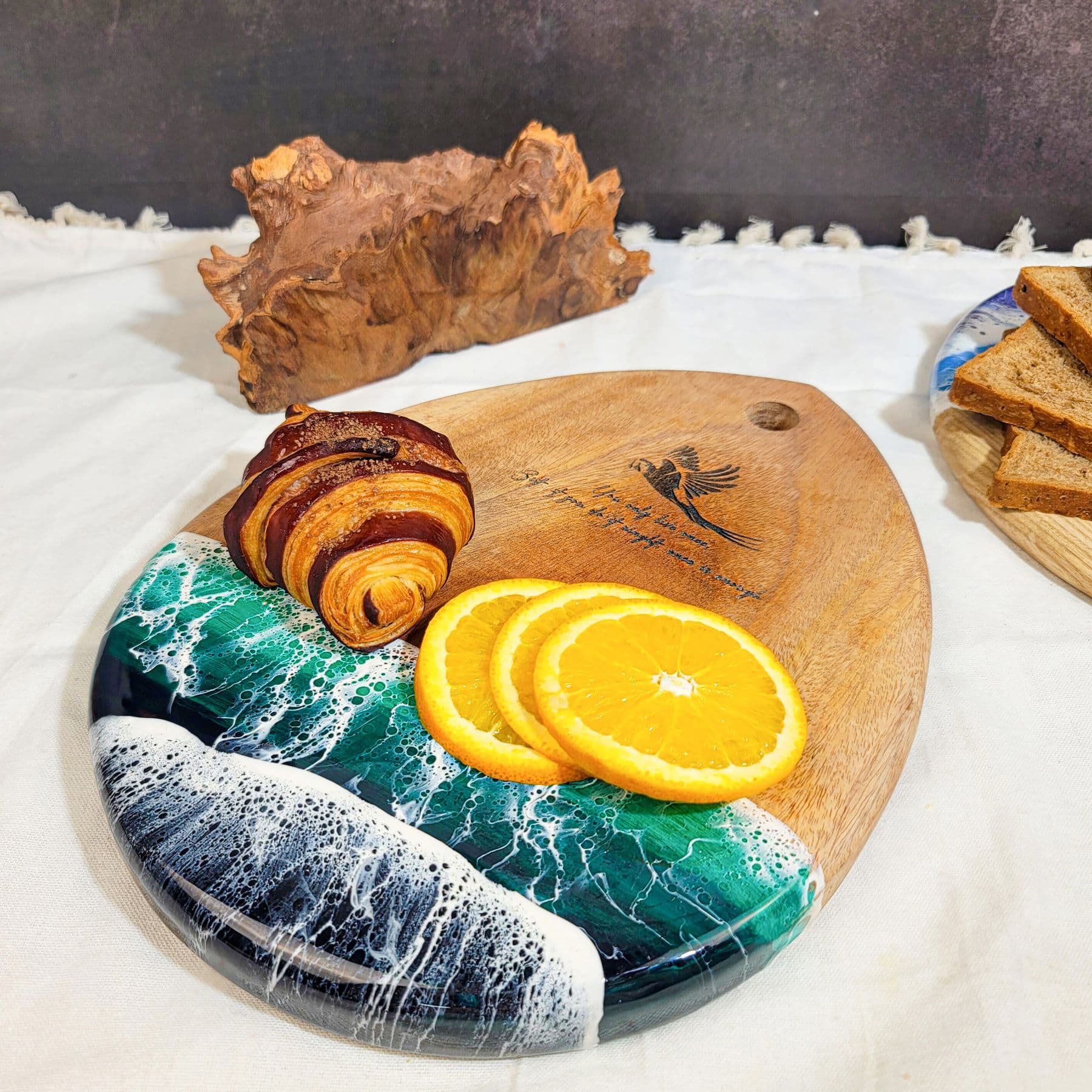Teardrop Wooden Cutting Board with Ocean Resin – Artistic Bird Engraving - View 1