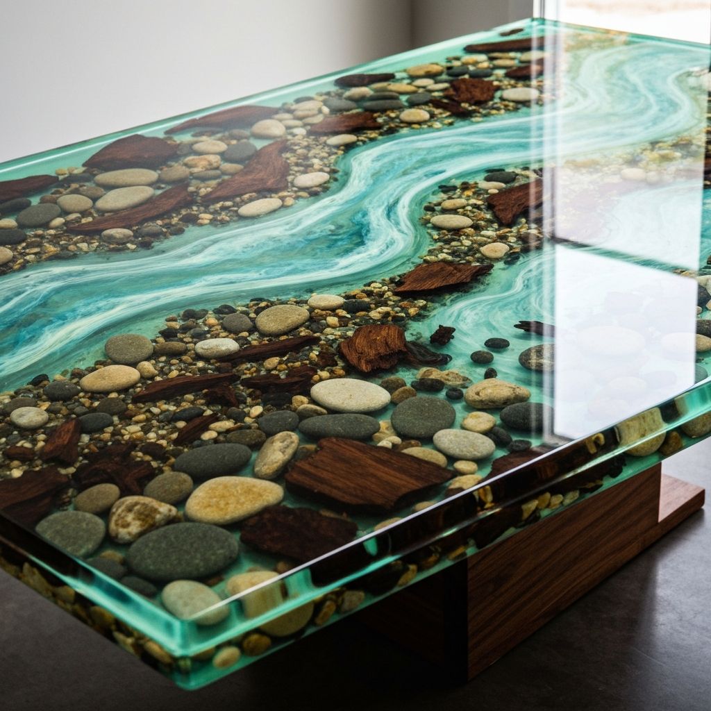 Stunning epoxy resin river table in a dramatic low-light setting
